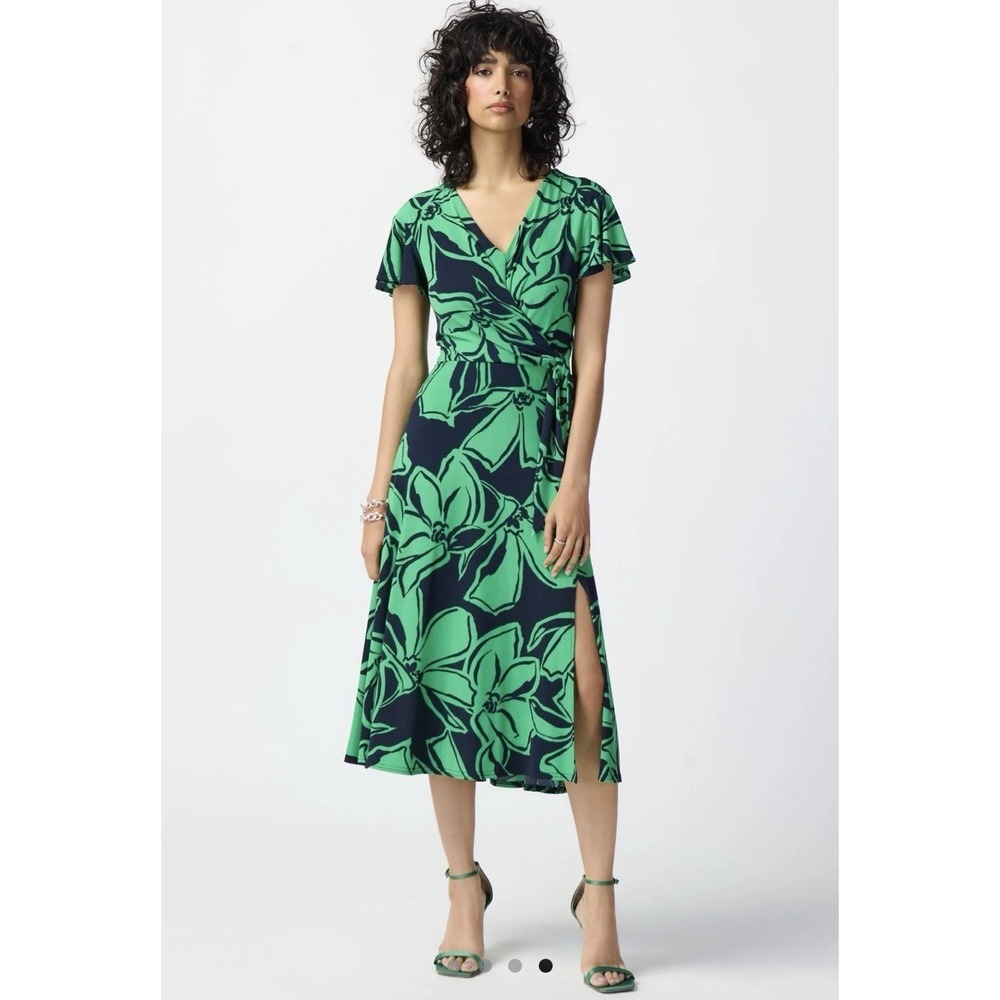 Joseph Ribkoff Green Floral Faux Wrap Midi Dress Size 10 Tropical Jersey‎ Knit